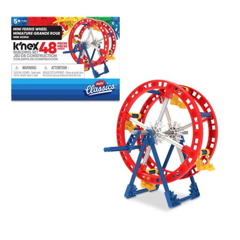 15266_Image2 A construction toy set consisting of a mini Ferris wheel. The packaging highlights "K'Nex Classics" with 48 pieces to build the model. The assembled Ferris wheel is red with blue supports and white and yellow accents. Suitable for ages 5 and up.